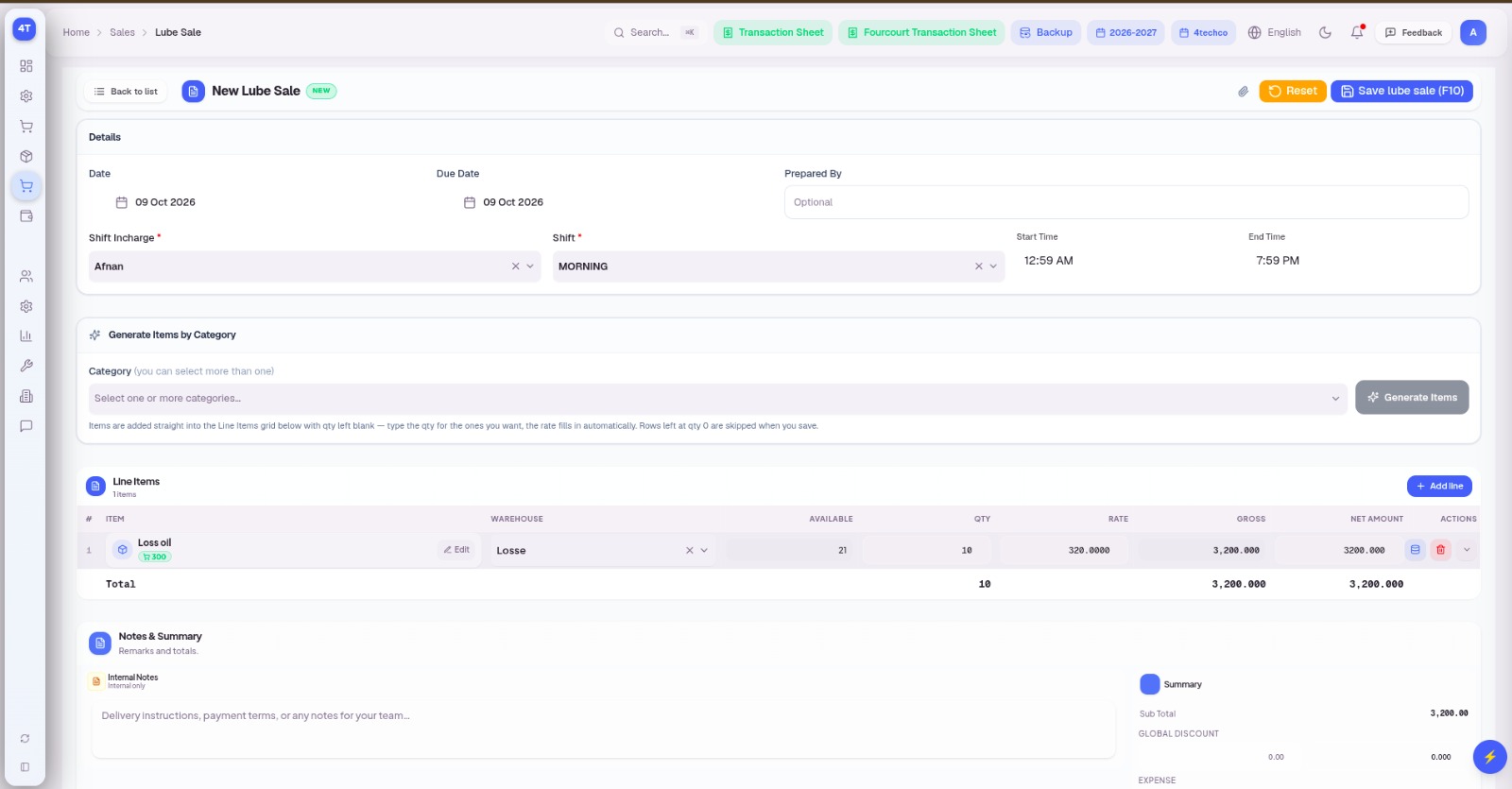 Bulk fuel sale and lubricant sale invoice screen in petrol pump management software