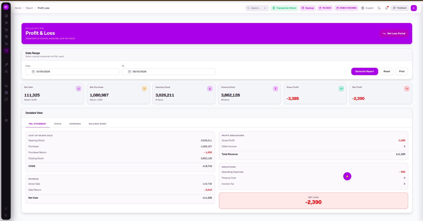 Petrol pump accounting software reports with profit and loss and ledgers